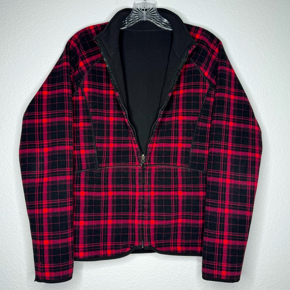 The North Face Red Plaid and Black Reversible Fleece Jacket - Check Measurements